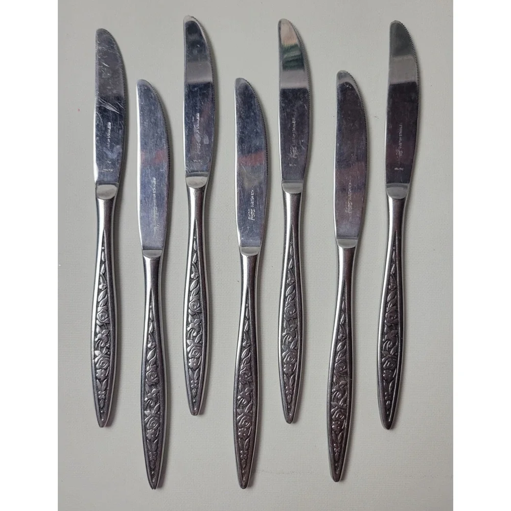 Ekco Eterna Santiago Stainless Steel Dinner Knives Floral Rose Japan Set of 7